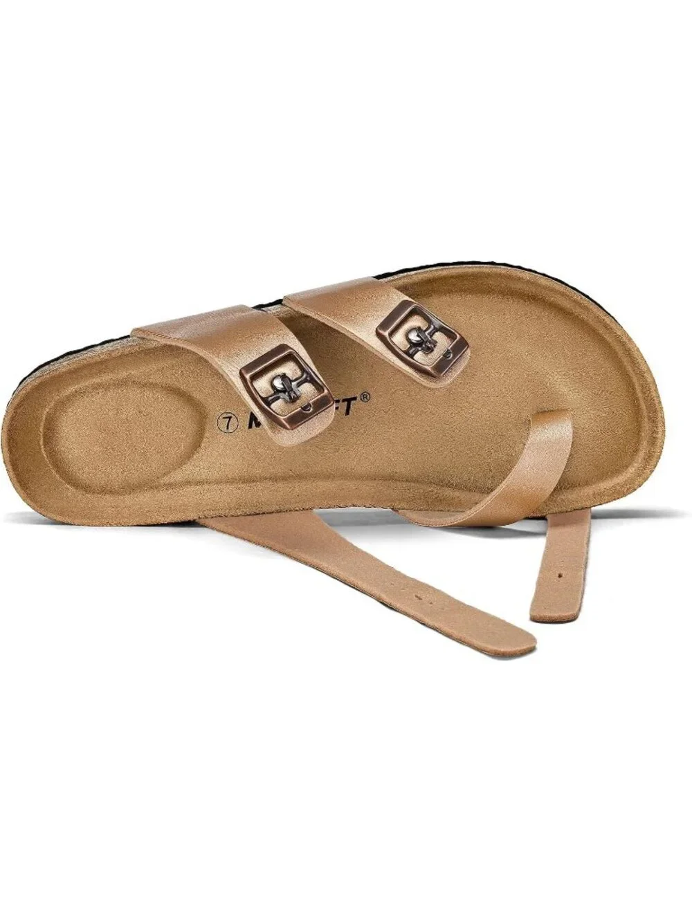 Women Rose Gold Double Adjustable Buckle Slide Cork Footbed Slip On Sandal Shoes